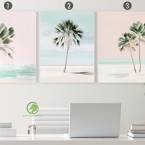 Watercolor Sun Beach Palm Tree Canvas Wall Art, Pink Beach Wall Art, Tropical Canvas Art, Coastal Home Decor, Beach Canvas Poster Print