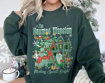 Retro Haunted Mansion Making Spirits Bright Hitchhiking Ghosts Santa Christmas Sweatshirt, Family Christmas Tree Shirt