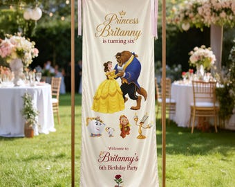 Disney Beauty and the Beast Birthday Banner, Belle Princess Welcome Sign, Personalized 6th Birthday Backdrop