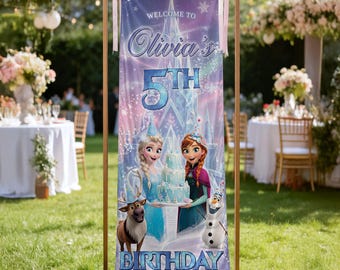 Personalized Frozen Birthday Banner, Elsa Anna Olaf Party Backdrop, Custom Name Age Winter Princess Decor