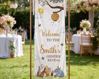 Personalized Winnie the Pooh Gender Reveal Banner, Classic Pooh Baby Shower Welcome Sign, Custom Family Name Decor