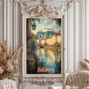 Salzburg Poster – Old Town with Salzach River, Hohensalzburg Fortress, Vintage Austria Wall Art, Digital Download