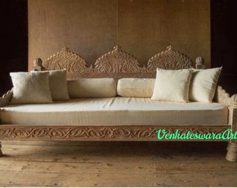 Handmade solid teak wooden carved Diwan/beautifully carved sofa