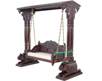 Handmade Teak wooden fine carved Maharaja swing/Indoor swing with brass chain/carved swing for Indoor Decoration