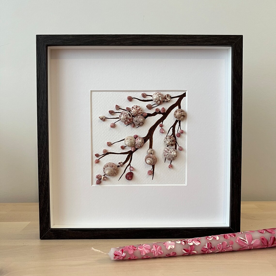 Abstract Sakura Branch With Sea Shells, Shadow Box Mosaic Art, Almond