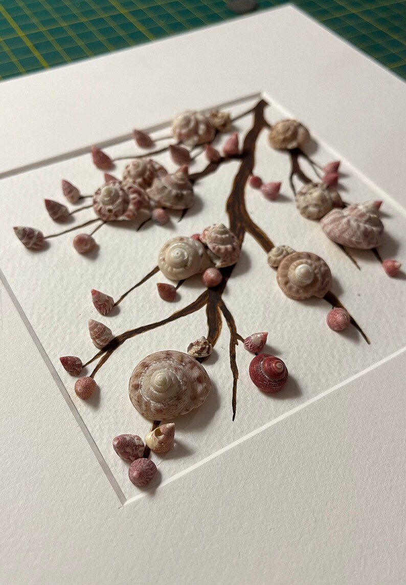 Abstract Sakura Branch With Sea Shells, Shadow Box Mosaic Art, Almond