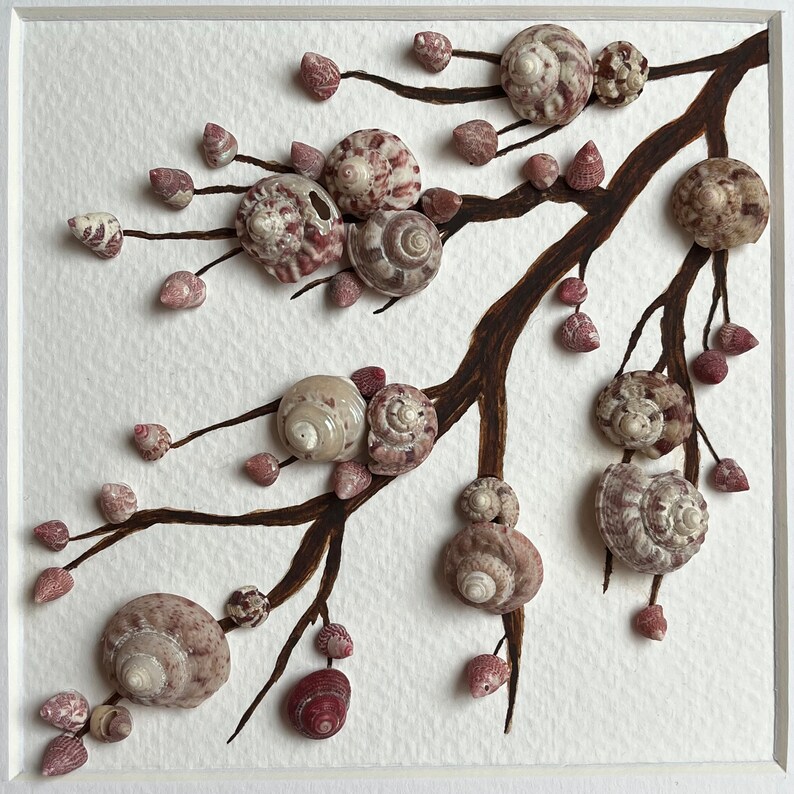 Abstract Sakura Branch With Sea Shells, Shadow Box Mosaic Art, Almond