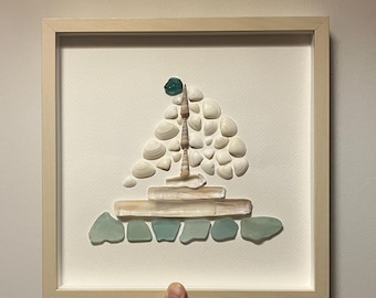 Sea Shell and Glass Boat Artwork – Coastal Shell Shadow Box