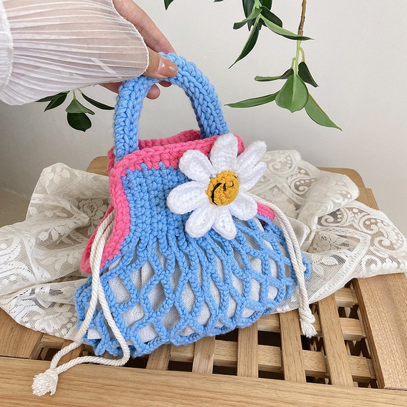 Happy Daisy Crochet Top Handle Tote With Drawstring Closure - Etsy