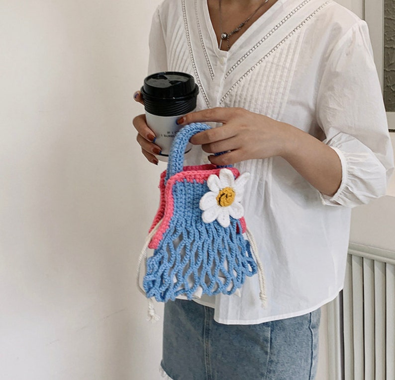 Happy Daisy Crochet Top Handle Tote With Drawstring Closure - Etsy
