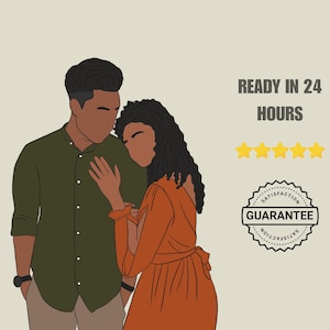 Peut inclure: Illustration d'un couple enlacé, avec le texte "READY IN 24 HOURS" et un badge "SATISFACTION GUARANTEE". L'homme porte une chemise verte et la femme une robe orange. Une main tient un téléphone affichant une photo du couple.