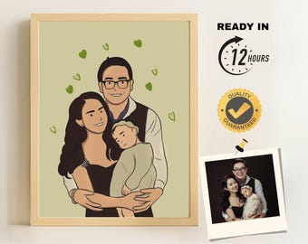 May include: A framed cartoon portrait of a family of three, with a light green background and green heart shapes. The text "READY IN 12 HOURS" and a "QUALITY GUARANTEED" badge are visible. A smaller photo is pinned below.