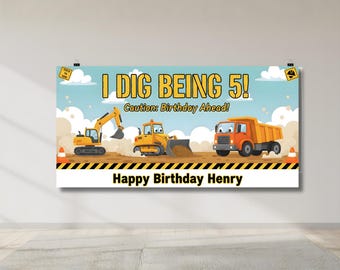 Banner de cumpleaños personalizado con temática de construcción / Descarga digital personalizada / Fondo para fiesta con excavadora y camión volquete / Banner imprimible para niños