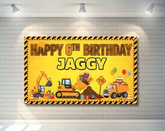 Banner personalizado de cumpleaños con temática de construcción / Fondo para fiesta de camiones y excavadoras / Banner imprimible para niños / Descarga digital