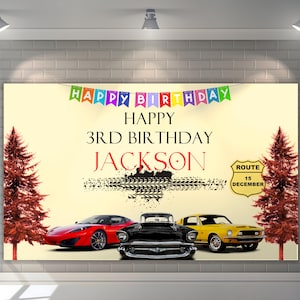Personalized Race Car Birthday Backdrop: Custom Party Decoration (Digital Download, 36x60 inch)