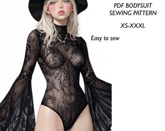 Bell Sleeve Bodysuit Sewing Pattern, Stretch Lace Leotard (PDF Pattern)