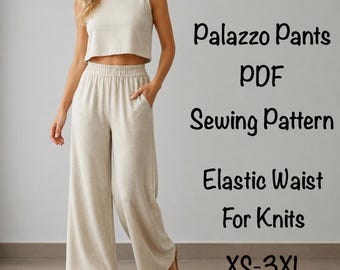 Palazzobyxor, vida ben PDF-sömnadsmönster | Dambyxor | Stretchtyg | Resår i midjan