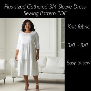 Grote maten getailleerde T-shirtjurk naaipatroon 3XL-8XL | Gemakkelijke pasvorm, 3/4 mouwen | A0, A4, US Letter | Gemakkelijk te naaien voor beginners