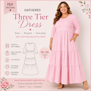 Plus Size Gathered Dress Sewing Pattern | 3/4 Sleeve (PDF Pattern)