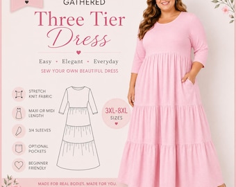Plus Size Gathered Dress Sewing Pattern | 3/4 Sleeve (PDF Pattern)