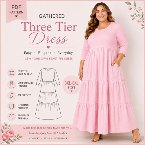 Plus Size Gathered Dress Sewing Pattern | 3/4 Sleeve (PDF Pattern)