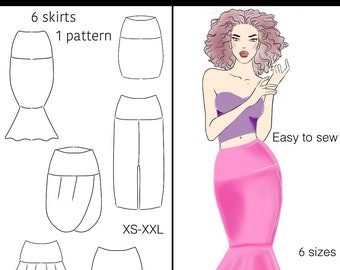 Mermaid Skirt PDF Sewing Pattern. 6 sizes. 6 skirts in one pattern