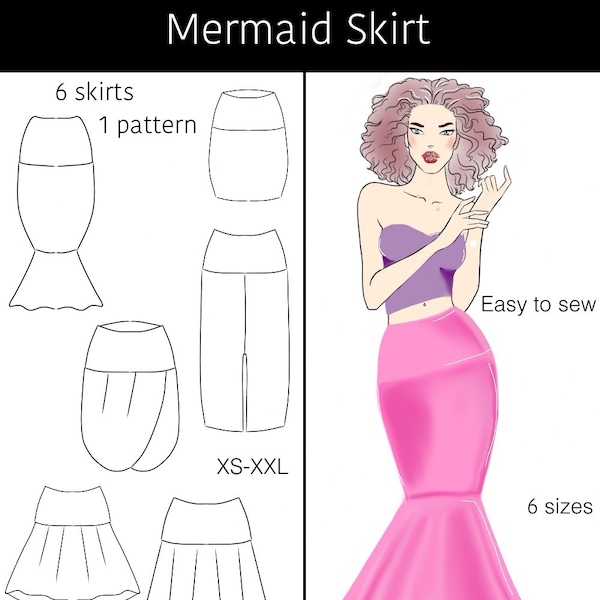 Mermaid Skirt PDF Sewing Pattern. 6 sizes. 6 skirts in one pattern