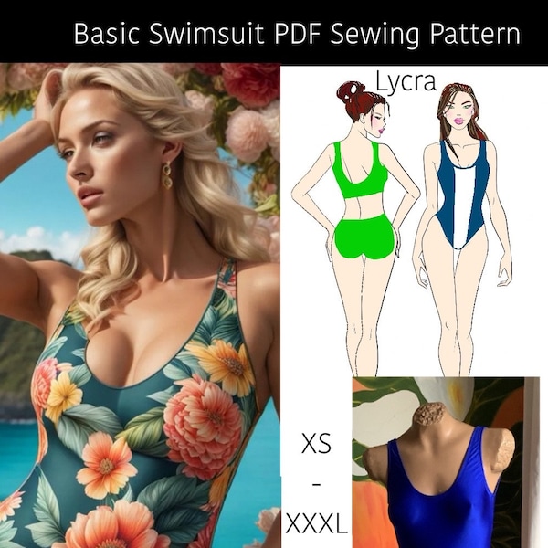 One-piece Swimsuit Basic. Sewing Pattern PDF. Two piece adjustable swimsuit pattern, yoga workout leotard. Women basic swimwear 7 sizes