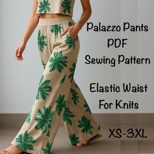 Palazzo wide leg elastic waisted trousers sewing pattern pdf|woman’s pants pattern|pants sewing pattern|beginner trousers  pattern|7 sizes