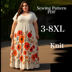 Plus size maxi t-shirt empire gathered dress pdf.  3XL-8XL. Easy sew gathered dress pattern for beginners|Oversized  loose dress pattern