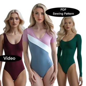 Peut inclure: Trois femmes portant des justaucorps différents. Le justaucorps de gauche est bordeaux, le justaucorps du milieu est rose, blanc et bleu, et le justaucorps de droite est vert. Le texte "PDF Sewing Pattern" et "Video" est visible sur l'image.