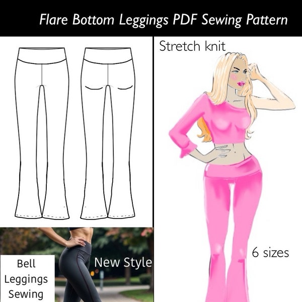 Bell Leggings PDF Sewing Pattern. Flare bottom leggings, stretch pants. Yoga bell bottoms women’s sewing patterns. Video tutorial