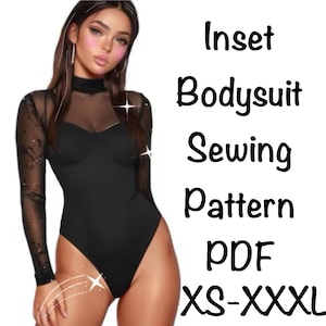 Bodysuit PDF Sewing Pattern. Bodystocking, leotard for women. Stretch lace gothic style, turtleneck bodysuit. Mesh inset bodysuit pattern