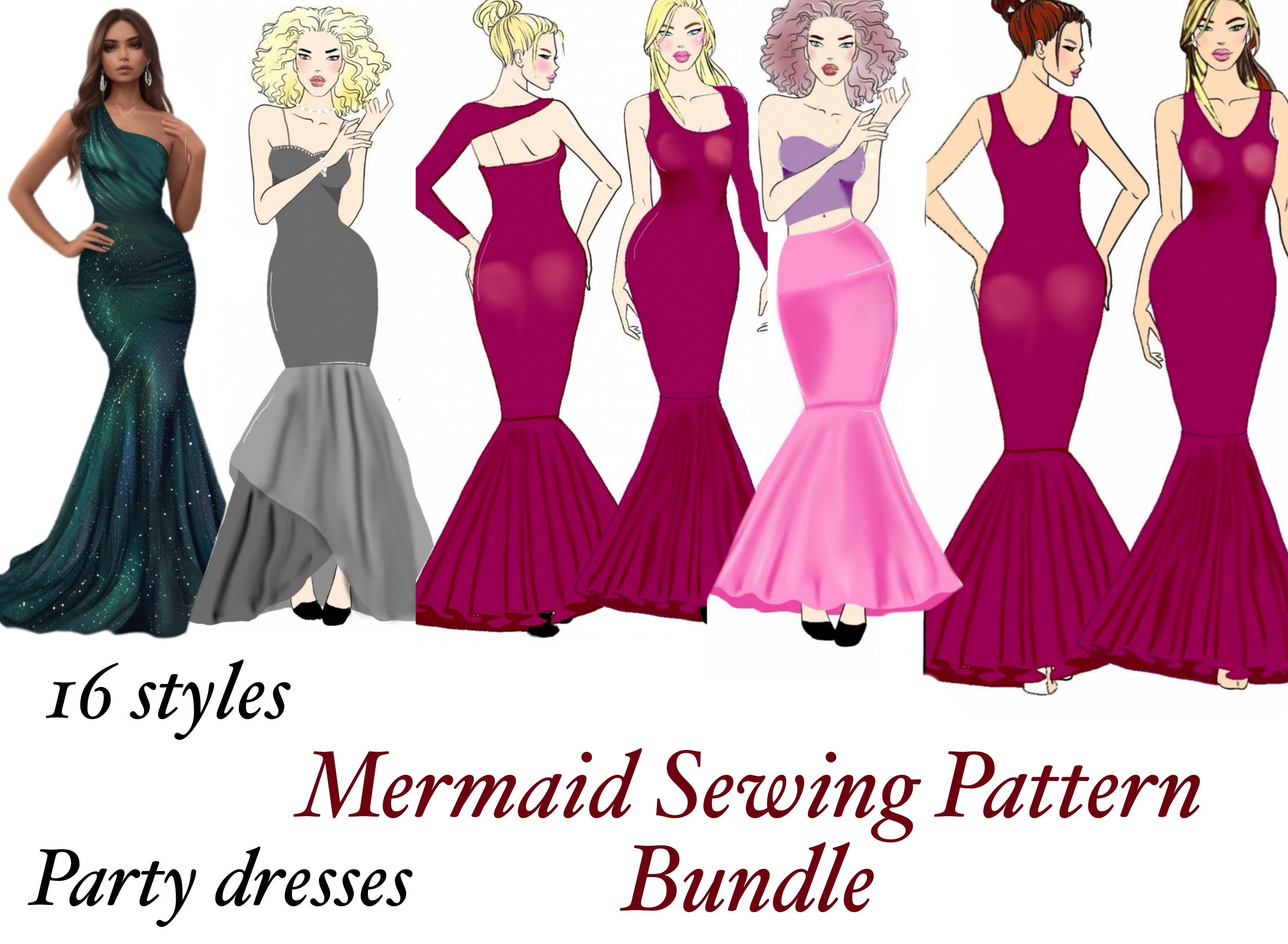 Mermaid Dress PDF Sewing Pattern Bundle. Party dresses|Prom dress PDF|bridesmaid dresses. Easy sewing patterns. 16 occasion sewing patterns