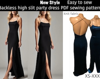 Backless sewing pattern PDF dress, prom dress, bridesmaid maxi dress. Beginner sewing patterns. Optional train in 7 sizes. High slit dress