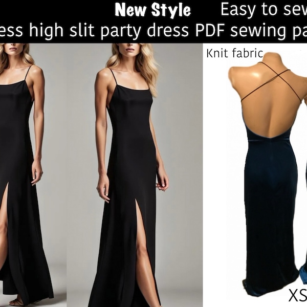 Backless sewing pattern PDF dress, prom dress, bridesmaid maxi dress. Beginner sewing patterns. Optional train in 7 sizes. High slit dress