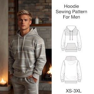 Molde de costura para moletom masculino em PDF. 8 tamanhos PP a 3GG em A0, A4 e Carta EUA. Moletom oversized com capuz e bolso canguru, fácil de costurar para iniciantes.