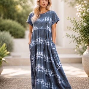 Empire Maxi Dress Sewing Pattern | Gathered T-Shirt Dress, Easy Sew Stretch Knit (PDF Pattern)
