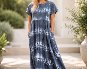 Empire Maxi Dress Sewing Pattern | Gathered T-Shirt Dress, Easy Sew Stretch Knit (PDF Pattern)