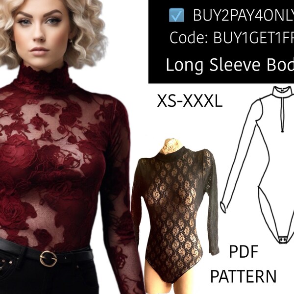 Bodysuit PDF Sewing Pattern. Bodystocking, leotard for women. Stretch lace gothic high collar, turtleneck, long sleeve bodysuit. Mesh body