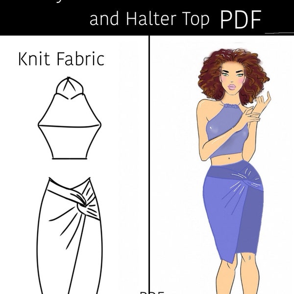 Twist Knot Skirt and Halter Top PDF Sewing Pattern. 6 sizes|skirt set pdf pattern|skirt pattern|women sewing pattern|halter top pattern