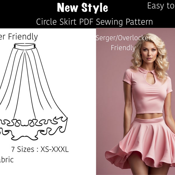 Cirkelrok PDF-naaipatroon. 7 maten|naaipatroon voor midi-rok|rokpatroon|naaipatroon voor dames|minirok gemakkelijk te naaien voor beginners