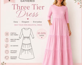 Gathered Casual Empire Dress Sewing Pattern | Easy Fit T-shirt Fabric , 3/4 Sleeves (PDF Pattern) Stretch