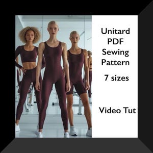 May include: Three women wearing maroon unitards in a gym setting. The image includes the text "Unitard PDF Sewing Pattern 7 sizes Video Tut".