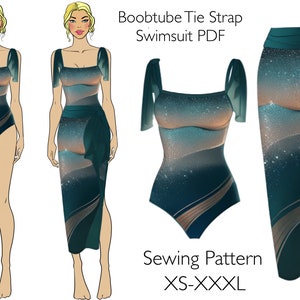 Swimsuit PDF Sewing Pattern. Cute strap bathing suit in 7 sizes. Easy to sew swimsuit. One piece costume sewing pattern with wrap over skirt
