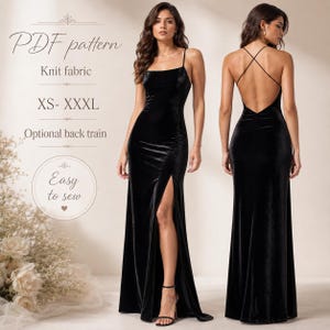 May include: A floor-length black velvet dress with thin spaghetti straps, a square neckline, and a high side slit. The back features a crisscross strap design. Text on the image reads: PDF pattern, Knit fabric, XS- XXXL, Optional back train, Easy to sew.