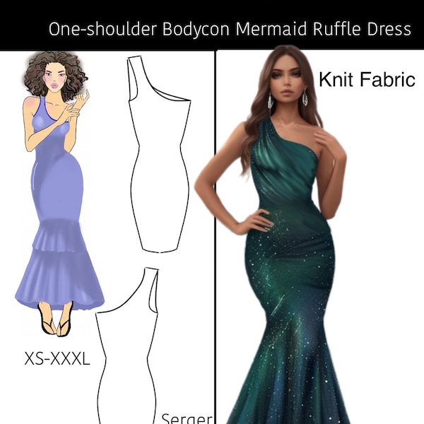 One-shoulder Mermaid Dress Sewing Pattern PDF. 7 sizes mermaid vacation dress. Summer dress 2 lengths for casual, prom, graduation dress