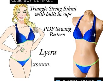 Bikini Swimsuit PDF Sewing Pattern. Triangle, string bikini bathing suit in 7 sizes. Easy to sew swimsuit. Bikini with built-in pads/cups