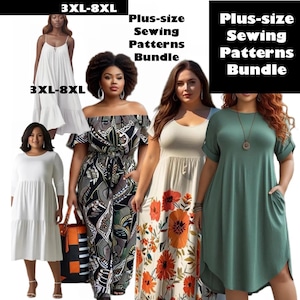 Plus sized sewing pattern dress pdf bundle. Easy patterns. 6 patterns. Woman sized 3xl to 8xl pattern pdf bundle|7 sizes|beginner patterns