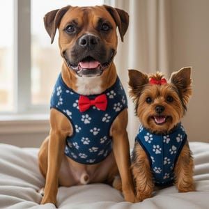 May include: Two dogs, one large and one small, are sitting side-by-side. Both dogs wear blue vests with white paw prints and red bow ties. The smaller dog has a red bow in its hair. The dogs are on a bed.